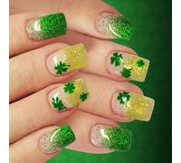1Set Short Artificial Nails Easy Wear Sparkling Green French Tips Patrick Themed Multiple Size Shamrock French Manicure False Nail