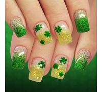 1Set Short Artificial Nails Glittering Gradient Green Clovers French Design Safe ABS Press Stick Nails Patrick Nails