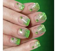 1Set Short False Nails Easy to Wear Patrick Day Art Green Leaves Sparkling French Tips Multiple Size Festival Glittering