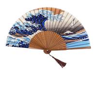 1SourceTek Kanagawa Sea Waves Landscape Folding Hand Held Fan 8.27"(21cm) with Fabric Sleeve for Protection For Gifts and Wall Decoration - Japanese Retro Style
