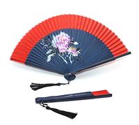 1SourceTek Silk Hand Held Fan 8.27 inches (21cm) Hand Fans for Women Folding, Hand Fan Folding With a Fabric Sleeve Protection for Gifts - Chinese Retro Style (Peony)