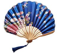 1SourceTek Silk Hand Held Folding Fans 8.27 inches (21cm) Women Hand Held Folding Fans With a Fabric Sleeve Protection for Gifts - Chinese Retro Style (Dark Blue)