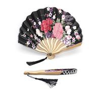 1SourceTek Silk Hand Held Folding Fans 8.27 inches (21cm) Women Hand Held Folding Fans With a Fabric Sleeve Protection for Gifts - Chinese Retro Style (Black)
