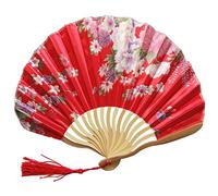 1SourceTek Silk Hand Held Folding Fans 8.27 inches (21cm) Women Hand Held Folding Fans With a Fabric Sleeve Protection for Gifts - Chinese Retro Style (Red)