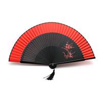 1SourceTek Silk Hand Held Folding Fans 8.27 inches (21cm) Women Hand Held Folding Fans With a Fabric Sleeve Protection for Gifts - Chinese Retro Style (Red.2)