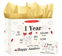 1st Anniversary Paper Gift Bag with Card & 3 Sheets Gold Tissue Paper, Romantic "1 Year 365 Days" First Anniversary Present Bag for Couple Husband Wife, Large Luxury Anniversary Paper Gift Wrap