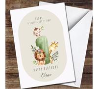 1st Baby Boy Watercolour Safari Animals With Number One Any Age Birthday Card - Personalised Birthday Card For 1st Birthday, Custom Birthday Card