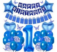 1st Birthday Balloon Decorations for Boys - Navy Blue Photo and Happy Birthday Banner Number 1, Gradient Star Heart Balloons with 3D Butterfly Decorations for Boy One Year Old Party