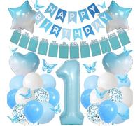 1st Birthday Balloon Decorations for Boys - Photo and Happy Birthday Banner Number 1, Blue Gradient Star Heart Balloons with 3D Butterfly Decorations for Boy One Year Old Party