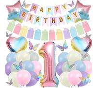 1st Birthday Balloon Decorations for Girls - Multicolor Photo and Happy Birthday Banner Number 1 Balloon, Gradient Star Heart Balloons with 3D Butterfly Decoration for Girl One Year Old Party