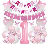 1st Birthday Balloon Decorations for Girls - Pink Photo and Happy Birthday Banner Number 1 Balloon, Gradient Star Heart Balloons with 3D Butterfly Decorations for Girl One Year Old Party