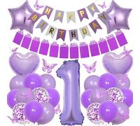 1st Birthday Balloon Decorations for Girls - Purple Photo and Happy Birthday Banner Number 1 Balloon, Gradient Star Heart Balloons with 3D Butterfly Decorations for Girl One Year Old Party