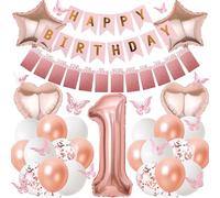 1st Birthday Balloon Decorations for Girls - Rose Gold Photo and Happy Birthday Banner Number 1 Balloon, Gradient Star Heart Balloons with 3D Butterfly Decorations for Girl One Year Old Party
