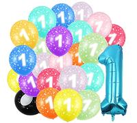 1st Birthday Balloons - Blue Number 1 & 20pcs 12" Multicoloured Numbers Printed Latex Age Balloons for Girls & Boys Decorations