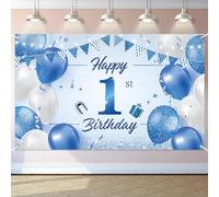 1st Birthday Banner, Blue Newborn Boys First Birthday Backdrop 1st Anniversary Background Banner Happy 1st Birthday Decorations Baby Shower Banner for Boys Girls, 110 x 180 cm