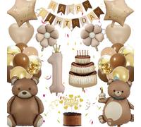 1st Birthday Boy Decoration Party, Balloon Birthday 1 Year Brown Gold, Children's Birthday Decoration Bear Daisy Heart Cake Foil Balloon, Happy Birthday Banner Cake Decoration (Birthday Decoration 1
