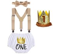 1st Birthday Cake Smash Outfit for Toddler Baby Boys Lumberjack Farm Wild Diaper Cover Shorts PP Pants+Y-Back Suspenders+Bow Tie+Ear Headband/Prince Crown 4pcs Set Photo Shoot White One 6-12 Months