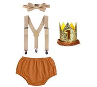 1st Birthday Cake Smash Outfit for Toddler Baby Boys Lumberjack Farm Wild Diaper Cover Shorts PP Pants+Y-Back Suspenders+Bow Tie+Ear Headband/Prince Crown 4pcs Set Photo Shoot Light Brown 12 Months