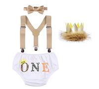 1st Birthday Cake Smash Outfit for Toddler Baby Boys Lumberjack Farm Wild Diaper Cover Shorts PP Pants+Y-Back Suspenders+Bow Tie+Ear Headband/Prince Crown 4pcs Set Photo Shoot White-hat one 12 Months