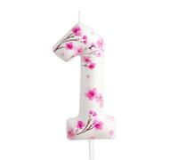 1st Birthday Candle Cherry Blossom Number 1 Candle Cherry Blossom Cake Decoration Birthday Party Supplies White Pink Sakura Themed Cake Topper Decoration for Kids Boy Girl Party Decor Supplies