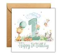 1st Birthday Card Baby Boy Age 1 - Safari Animals for Son, Grandson, Nephew