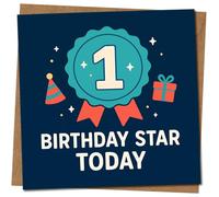 1st Birthday Card - Birthday Star Today Rosette Badge Design - Card Size 145mm x 145mm - Cute First for Kids, Includes Kraft Envelope