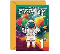 1st Birthday Card Boy - Astronaut Spacesuit - Outer Space Birthday Card for 1 Year Old Girl, Age 1 Boys Girls Cards, A5 Bday Greeting