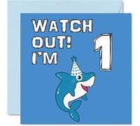 1st Birthday Card Boy - Shark Watch Out - Happy Birthday Card 1 Year Old Boy, Boys Cards for Him, 145mm Greeting for Son Brother Grandson Nephew Cousin God Son