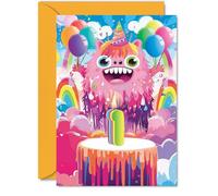 1st Birthday Card Boys Girls - Little Monster Party - Happy Birthday Card for 1 Year Old Boy Girl Kids, A5 One First Bday Cake Greeting Cards