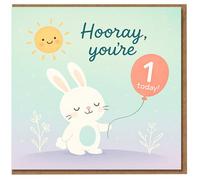 1st Birthday Card - Cute Bunny with Balloon and Sun - 'Hooray, you're 1 today!'