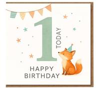1st Birthday Card - Cute Fox with Party Hat, Bunting and Stars - '1 Today Happy Birthday' Pastel Illustration for Baby Boy or Girl
