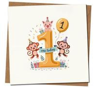 1st Birthday Card - Cute Monkeys, Pig and Balloon, ‘One Today’ Design - Child’s Square Greeting Card, 145mm x 145mm, Includes Kraft Envelope