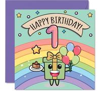 1st Birthday Card - Cute Rainbow Present Balloons Cake - Happy Birthday Cards for Age 1 Boys Girls Boy Girl, 145mm Bday Greeting Cards
