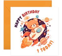 1st Birthday Card for Boys and Girls - Bear Spaceship Universe - Children Kids Happy Birthday Card Age 1 Year Old Boy or Girl - First Birthday Gifts for Him Her - Son, Daughter, Niece, Nephew