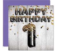 1st Birthday Card for Boys - Black & Gold Glitter Balloons - Happy Birthday Cards for 1 Year Old Boy Son Brother Grandson Cousin, 145mm Bday Greeting Cards Gift