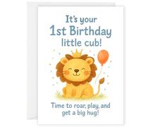 1st Birthday Card for Boys - Cute Lion Design - “It’s Your 1st Birthday Little Cub” - Baby’s First Birthday Card for Son, Grandson or Nephew - Animal theme