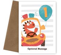 1st Birthday Card for Boys - Dinosaur Driving a Car with Balloon for 1 Year Old Boy - Nephew Grandson 1st Birthday Cards for Special Little Boy Turning Age 1 on First Bday - Brother Cousin Godson