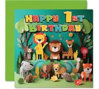 1st Birthday Card for Boys Girls - Jungle Animals - Happy Birthday Card 1 Year Old Boy Girl, Cards for Him Her, 145mm Greeting Cards Nephew Niece Children Kids (NOT 3D POP UP)