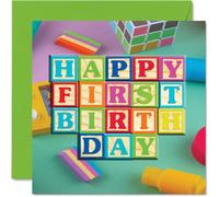 1st Birthday Card for Boys Girls - Toy Blocks - Happy Birthday Card 1 Year Old Boy Girl, Cards for Him Her, 145mm Greeting Cards Niece Nephew Kids Children