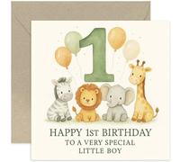 1st Birthday Card For Boys - Watercolor Jungle Animals Design - Cute Card For Son Nephew Godson - Blank Inside With Envelope