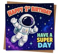 1st Birthday Card for Child, Astronaut, Have a Super Day | Cheerful space scene with a waving astronaut and starry backdrop, plus “Happy 1st Birthday” and “Have a Super Day”.