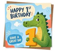 1st Birthday Card for Child, Dinosaur Holding Big Yellow 1 | Features “Happy 1st Birthday” and “Have a great day” with a friendly green dinosaur hugging a big yellow number one.