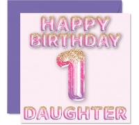 1st Birthday Card for Daughter - Pink & Purple Glitter Balloons - Happy Birthday Cards for 1 Year Old Daughter from Mum Dad Mummy Daddy Parents, 145mm Bday Greeting Cards Gift