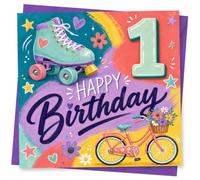 1st Birthday Card for Girl, Rainbow Skate, Bike & Florals | Celebrate her 1st with a pastel roller skate, bicycle with flower basket, rainbow paint strokes and bold ‘Happy Birthday’.