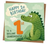 1st Birthday Card for Granddaughter, Cute Dinosaur Design | Blank inside for your own message; premium 360gsm card with matching envelope, designed and printed in the UK