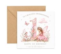 1st Birthday Card for Granddaughter with Envelope, Pink Fairy, Flowers and Large Number One Design, Sweet First Birthday Greeting from Grandma, Grandad or Grandparents for Her Special Day