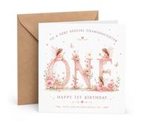 1st Birthday Card for Granddaughter with Envelope, Pink Fairy ONE Floral Design and Loving Message, Elegant First Birthday Greeting from Grandparents for Her Magical Milestone Celebration