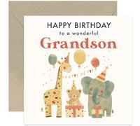 1st Birthday Card for Grandson - Safari Jungle Animals - 2nd 3rd Children Kids Happy Birthday Card - Gifts for Grandson - First Birthday Gifts for Him - Cute Birthday Cards for Boys