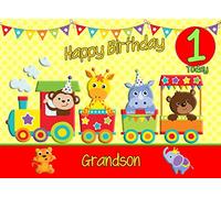 1st Birthday Card for Grandson (Train Yellow) - From Grandad Grandma Greeting Gift Keepsake Blank Inside Premium Quality Envelope Included UK Seller
