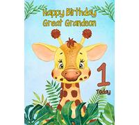 1st Birthday Card for Great Grandson (Giraffe) - From Grandad Grandma Greeting Gift Keepsake Blank Inside Animal Lover Premium Quality Envelope Included UK